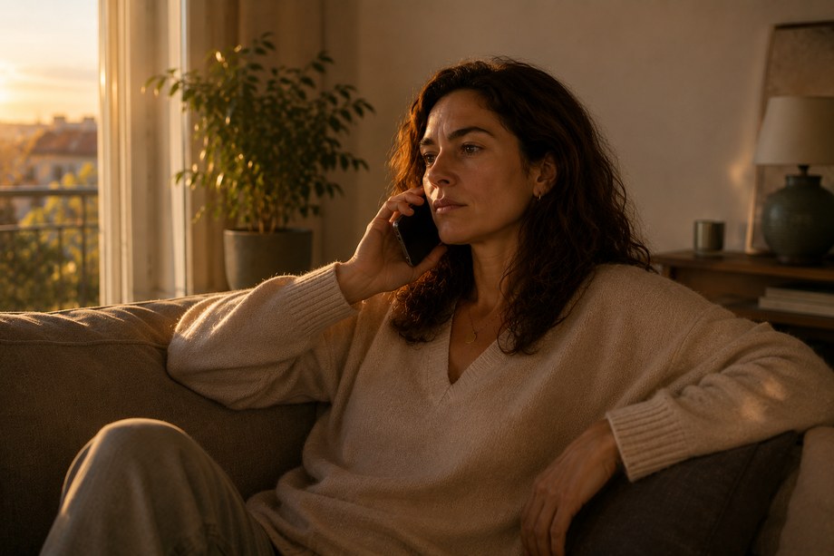 La même personne assise, au téléphone, la lumière du soir par la fenêtre.