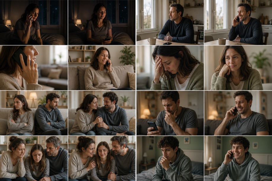 Mosaïque de personnes au téléphone : seules, en couple, en famille, de jour comme de nuit.