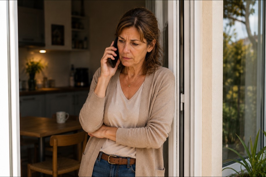 La même femme au téléphone sur le pas d'une porte-fenêtre ouverte sur un jardin, un bras replié contre elle.
