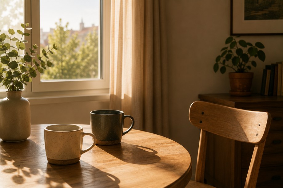 Deux tasses sur une table, une chaise vide, la lumière du matin.