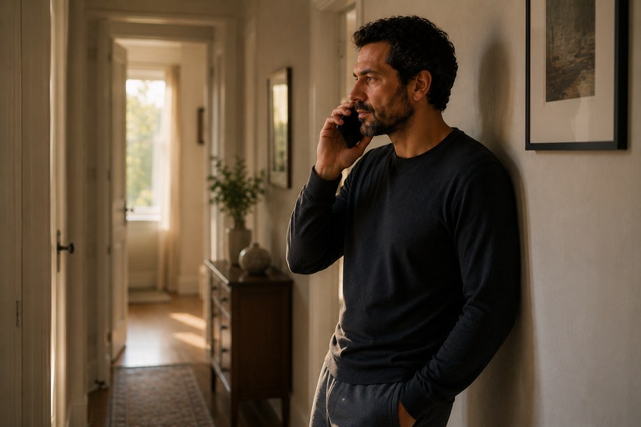 Personne au téléphone dans un couloir, adossée au mur.