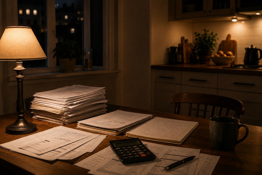 Table de cuisine le soir, des papiers empilés, une lampe allumée.
