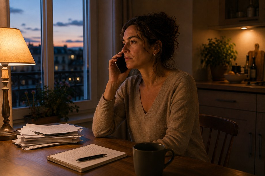 Personne au téléphone près d'une fenêtre, les papiers repoussés.