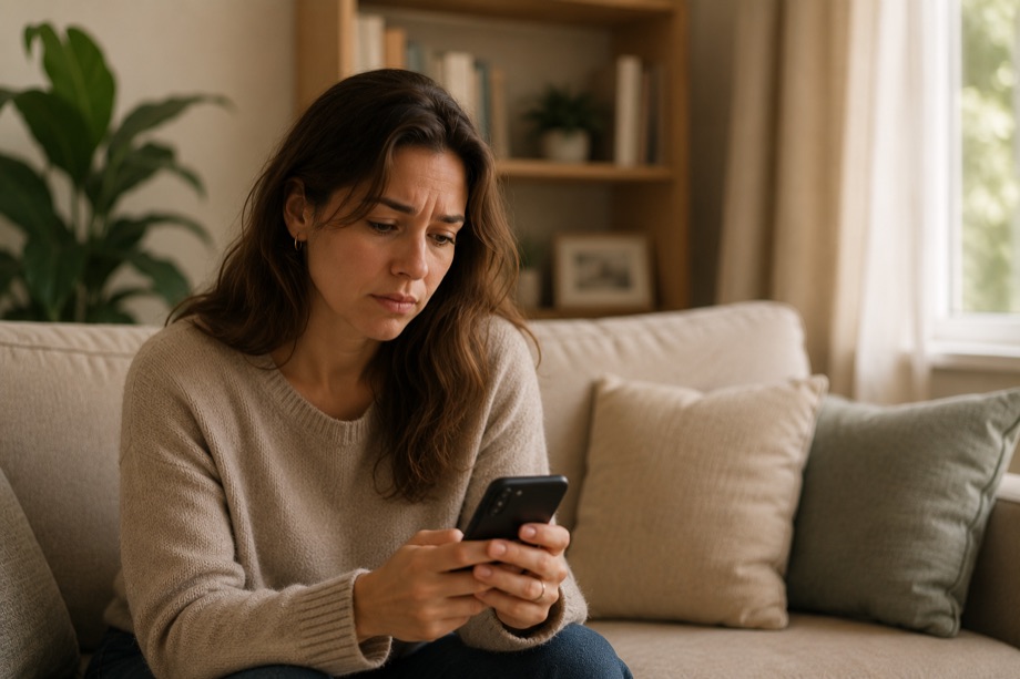 Femme assise sur un canapé, les yeux sur son téléphone, dans l'attente d'une réponse.