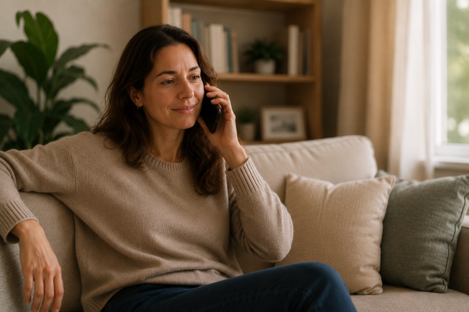 La même femme au téléphone, le visage apaisé pendant la conversation.