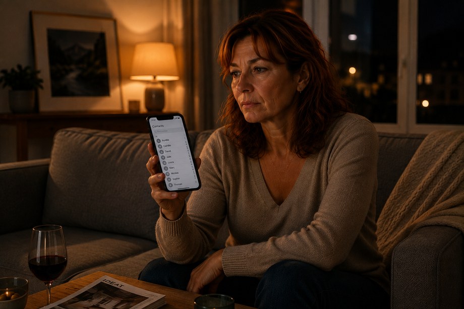 Personne assise sur un canapé un vendredi soir, téléphone en main, liste de contacts affichée à l'écran.