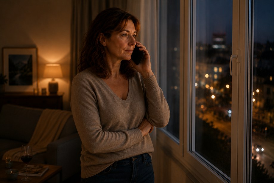 La même personne, debout près d'une fenêtre, en conversation téléphonique.