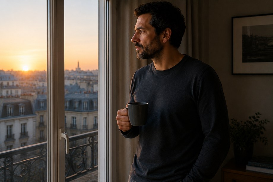 Personne debout devant une fenêtre au petit matin, une tasse à la main.