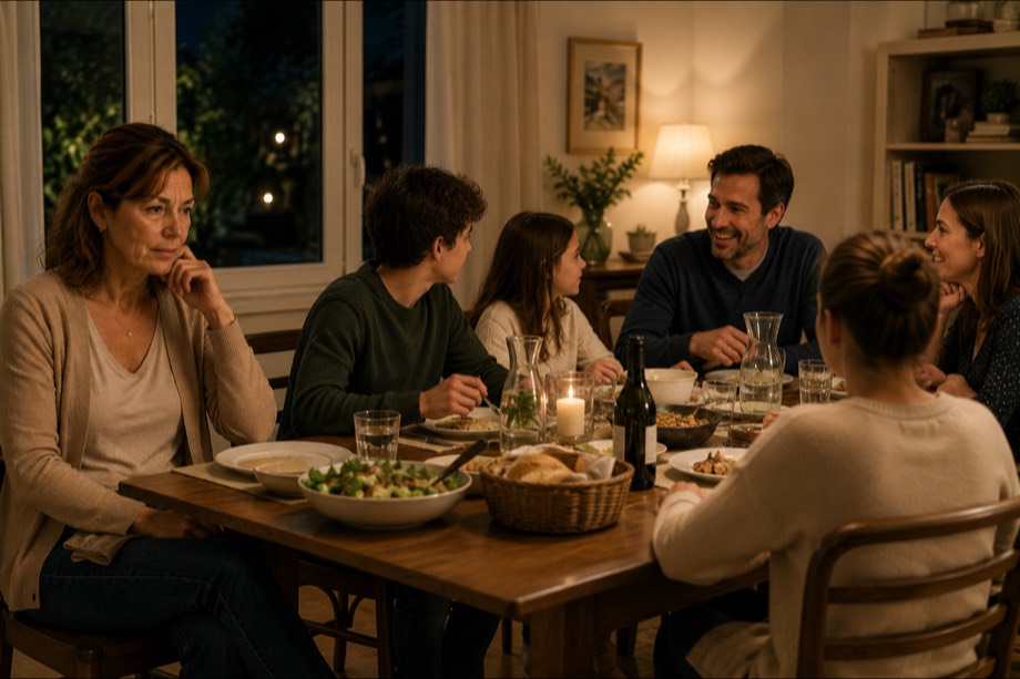 Repas de famille le soir, une femme assise en bout de table, à l'écart, tandis que le reste de la table converse.