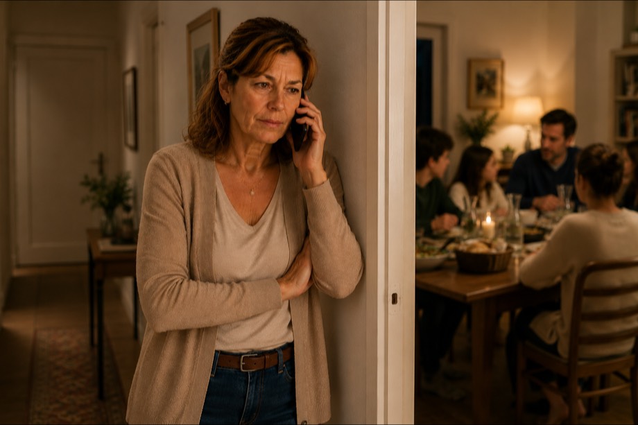 La même personne au téléphone dans un couloir, à l'écart de la pièce où se tient le repas.
