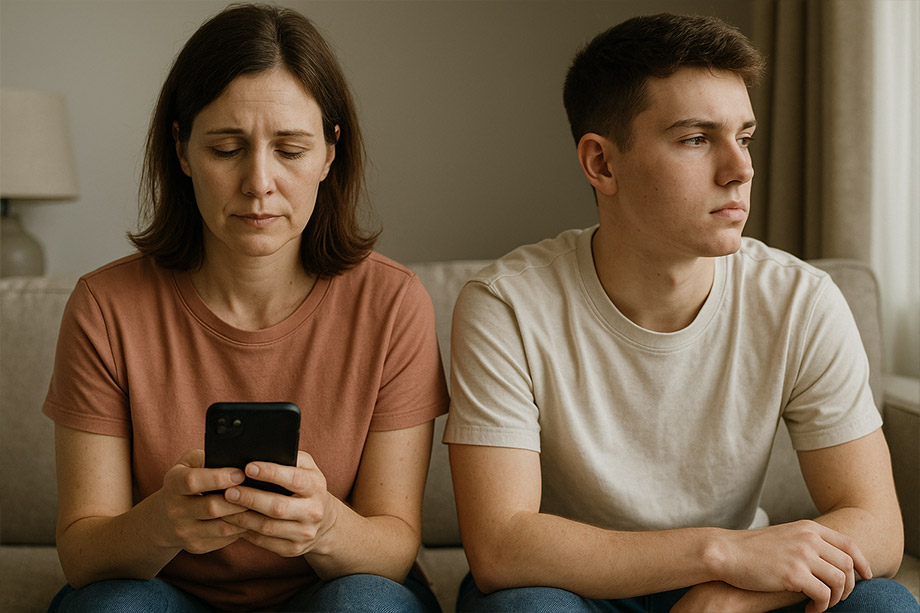 Une mère et son fils adolescent assis côte à côte sur un canapé, chacun le regard ailleurs, sans se parler.