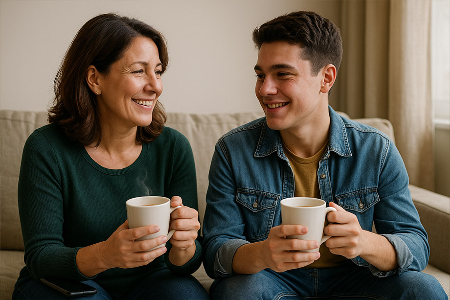 La même mère et son fils, une tasse à la main, en train de se parler en souriant.