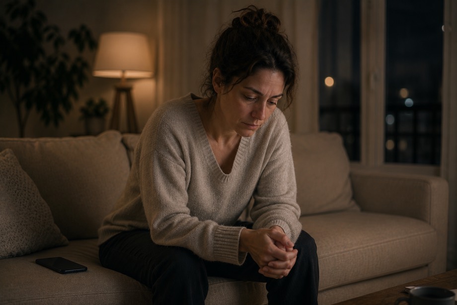 Femme assise au bord de son canapé le soir, épuisée, la tête légèrement baissée.
