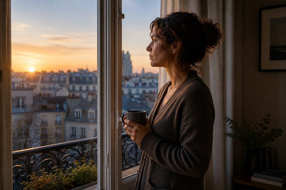 Personne debout à une fenêtre au petit matin, une tasse à la main, regardant dehors.