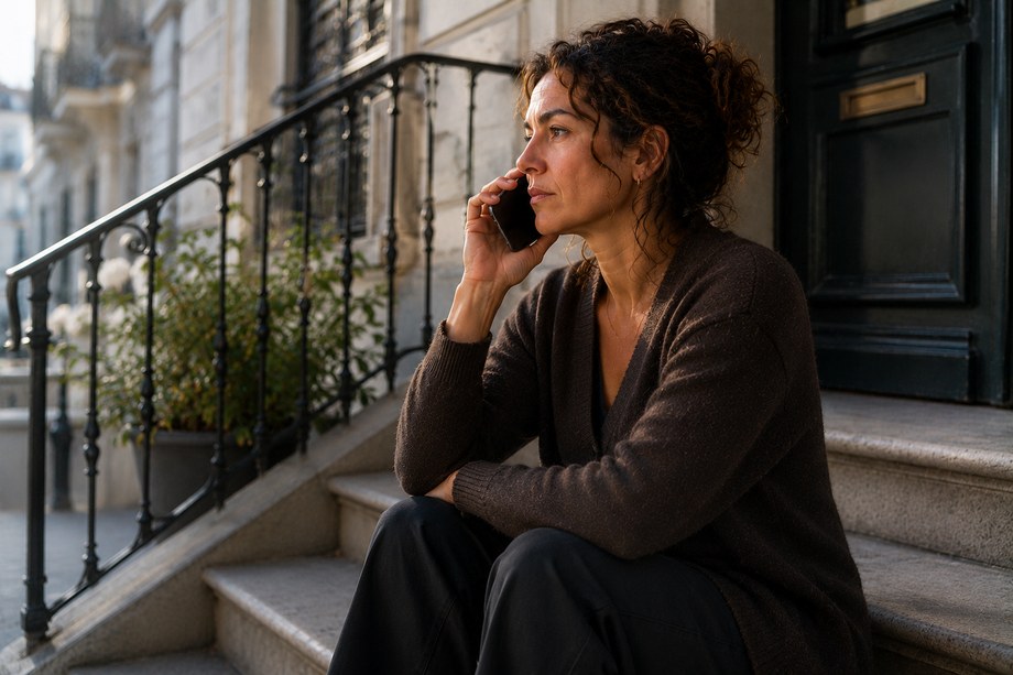 La même personne assise sur des marches extérieures, au téléphone.