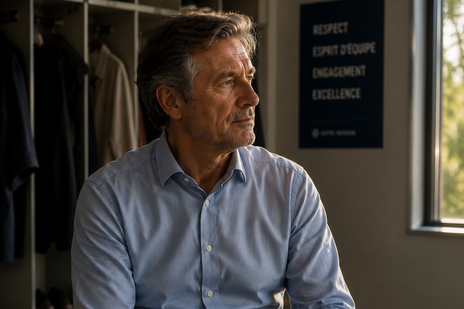 Personne assise dans un vestiaire d'entreprise, veste sur les genoux, avant de partir.