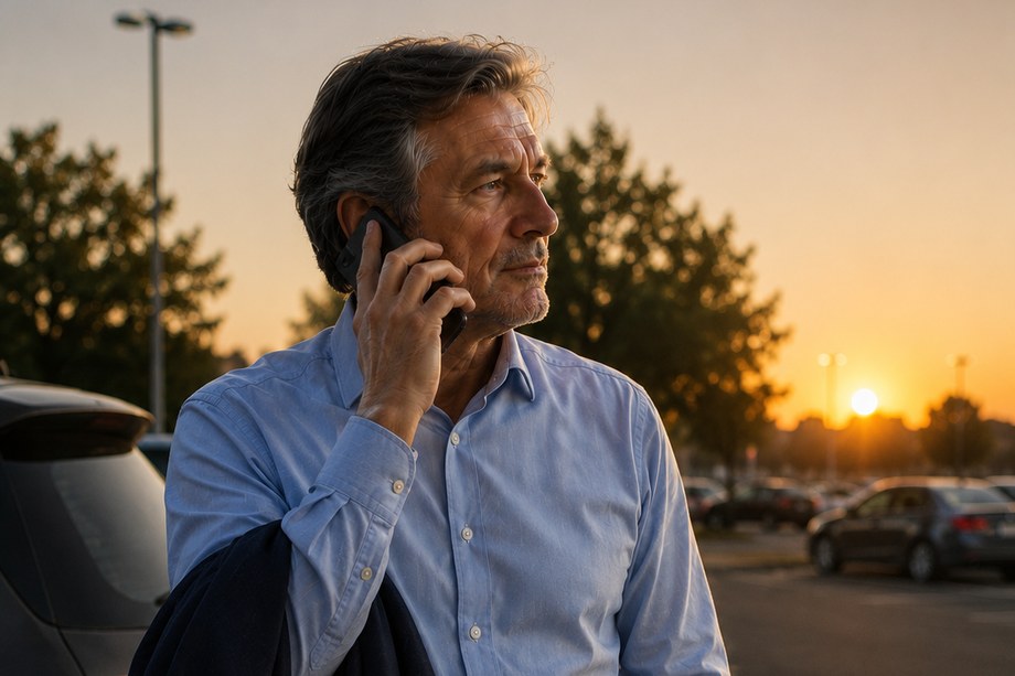 La même personne au téléphone sur un parking, en fin de journée.