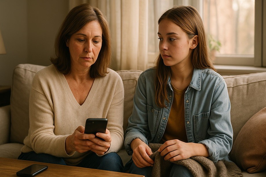 Mère et fille adolescente assises côte à côte sur un canapé, sans se parler, le regard ailleurs.