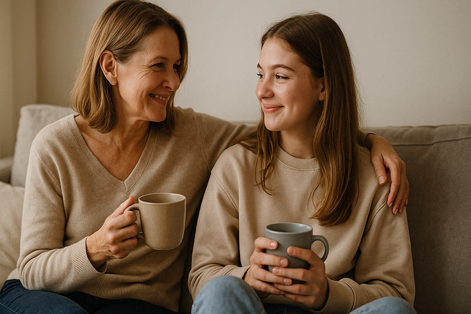 La même mère et sa fille, souriantes, une tasse à la main, en train de se parler.