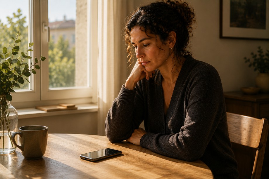 Personne assise à une table près d'une fenêtre, téléphone posé devant elle, avant d'appeler.