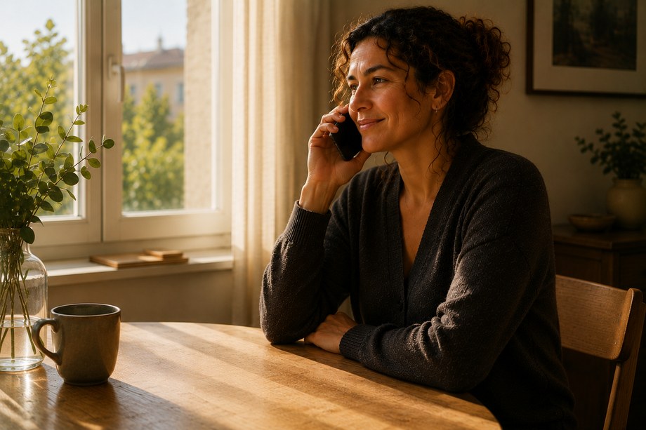 La même personne, plus tard, le téléphone à l'oreille, plus détendue.