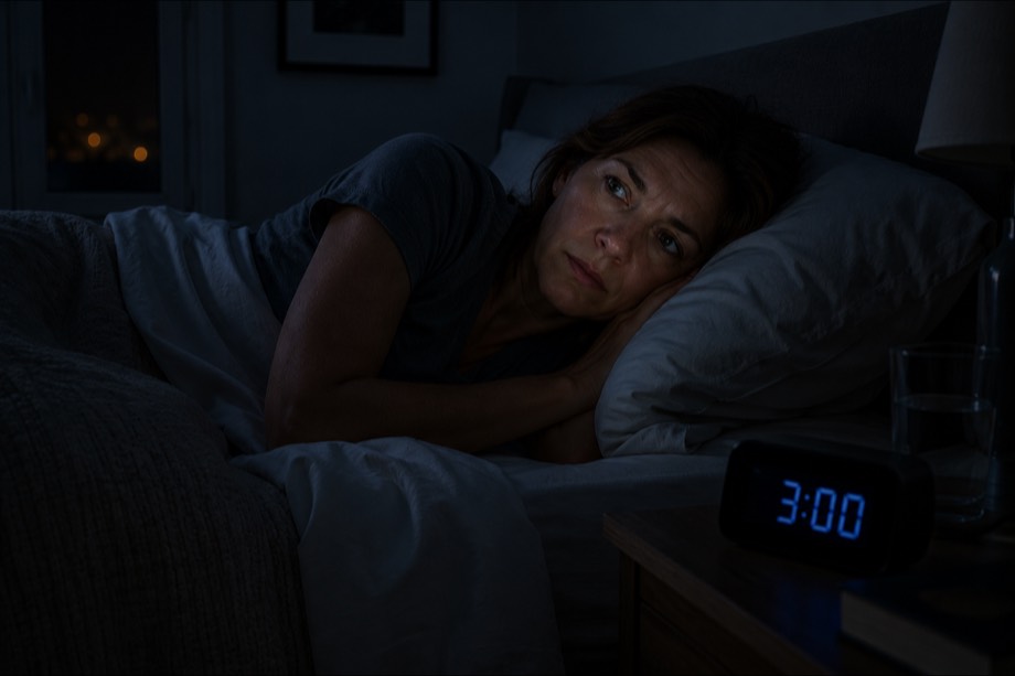 Personne allongée dans un lit, les yeux ouverts, éclairée par la lumière bleue d'un réveil affichant 3 h.