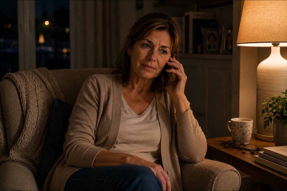 La même personne assise dans un fauteuil, une lampe allumée, au téléphone.