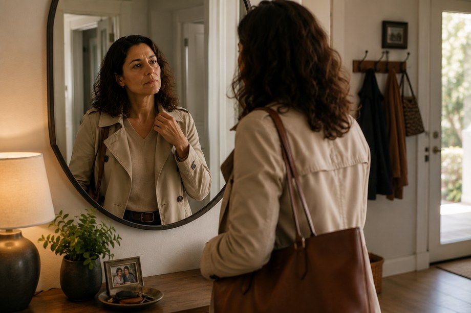 Personne se regardant dans un miroir d'entrée avant de sortir.