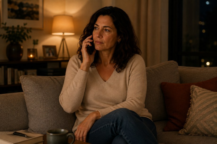 La même personne au téléphone, assise sur un canapé.