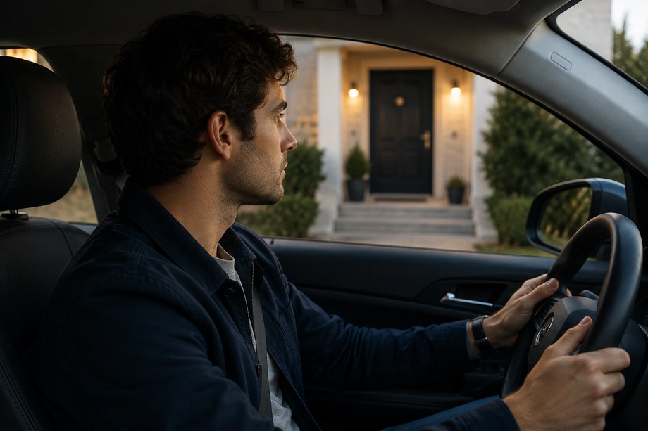Adulte assis dans sa voiture devant une maison, les mains sur le volant, avant d'entrer.