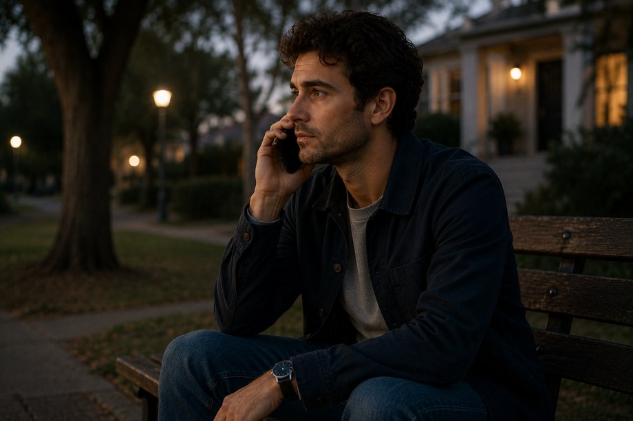 La même personne, plus tard, au téléphone sur un banc.