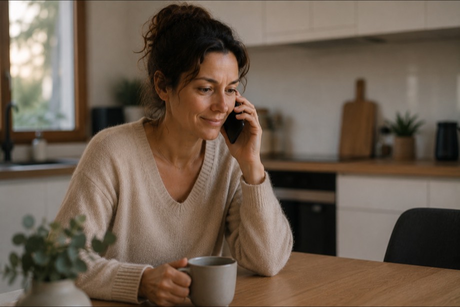 Une femme au téléphone dans une cuisine calme, épaules relâchées, en fin de conversation.
