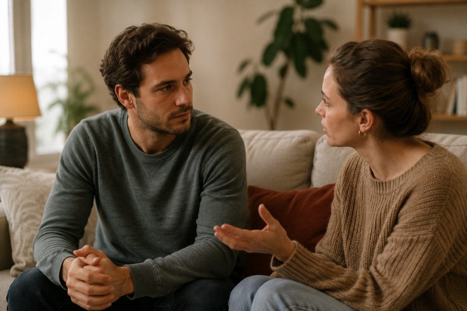 Couple assis sur un canapé, en discussion, l'un écoutant l'autre.