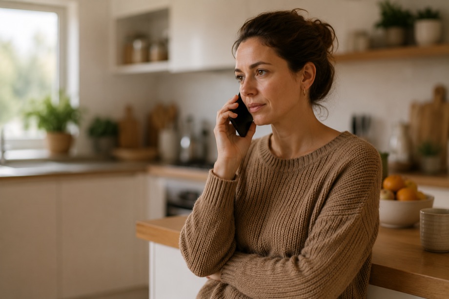 Femme adossée au plan de travail de sa cuisine, au téléphone, concentrée.