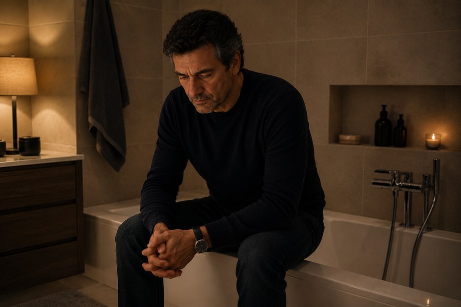 Personne assise seule sur le rebord d'une baignoire, le regard baissé.