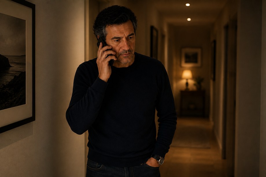 La même personne au téléphone, debout dans un couloir.