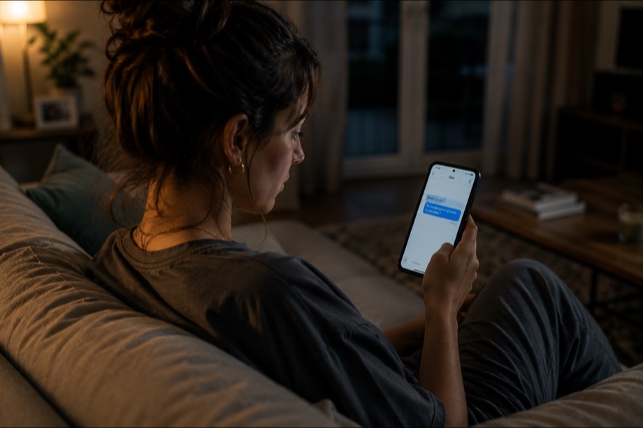 Personne assise sur un canapé, téléphone à la main, l'écran allumé sur un fil de messages envoyés.