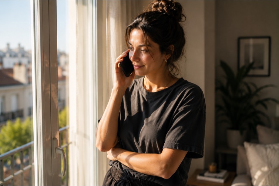 La même personne au téléphone, debout près d'une fenêtre, plus détendue.