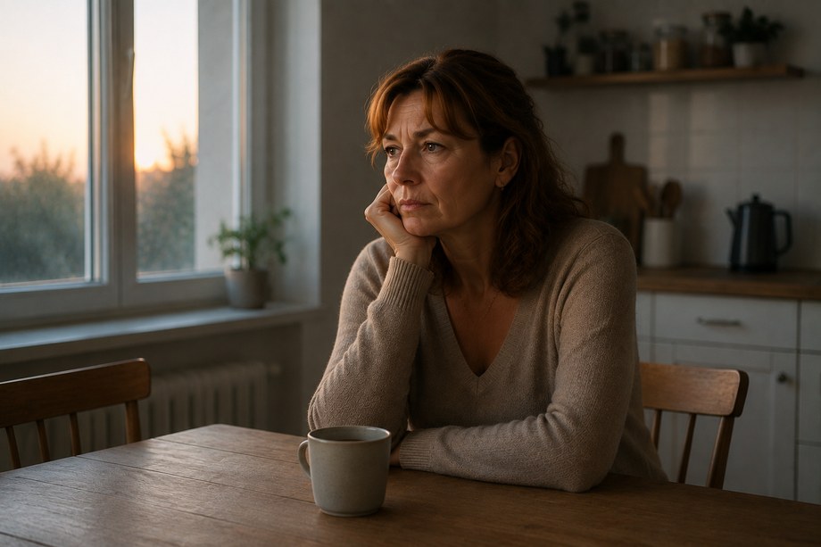 Personne assise seule à une table de cuisine au petit matin, une tasse refroidie devant elle, le regard dans le vide.
