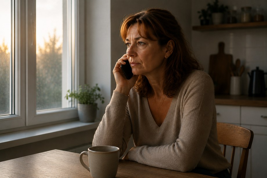 La même personne, plus tard, le téléphone à l'oreille près d'une fenêtre.