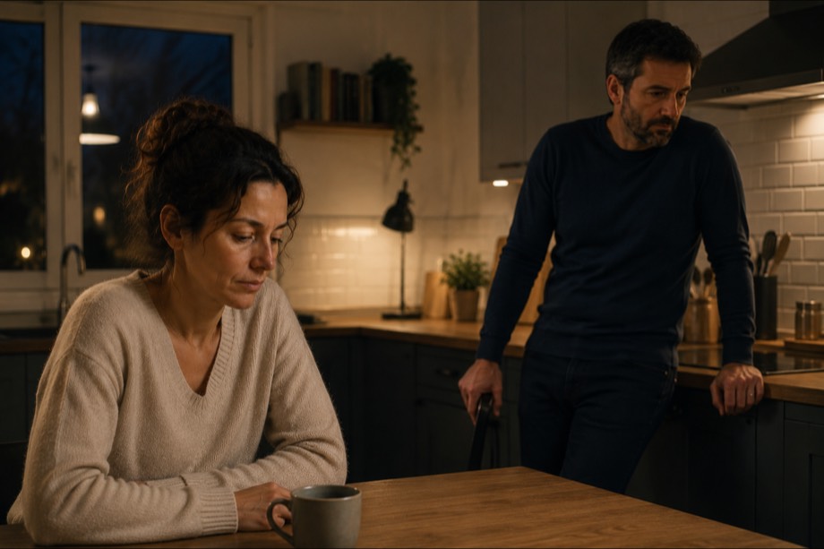 Couple dans une cuisine le soir, l'un debout appuyé au plan de travail, l'autre assis, les deux silencieux.