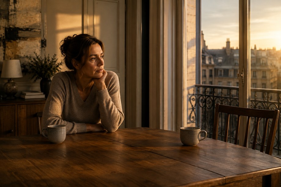 Une femme seule à une table, deux tasses posées de part et d'autre, la lumière du soir dans la pièce.