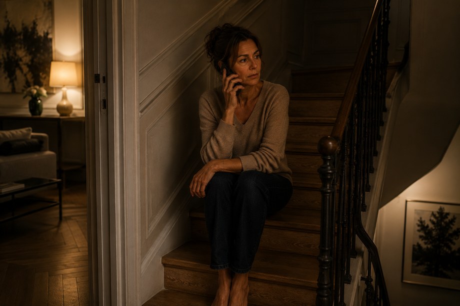 Une personne au téléphone, assise sur les marches d'un escalier intérieur.