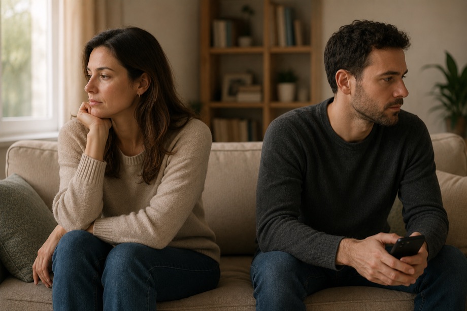 Couple assis sur le même canapé, chacun le regard ailleurs, sans se parler.