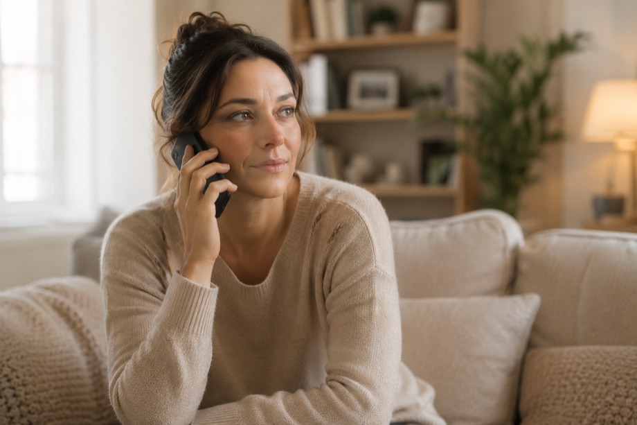 Femme au téléphone dans son salon, en train de mettre des mots sur ce qu'elle vit.