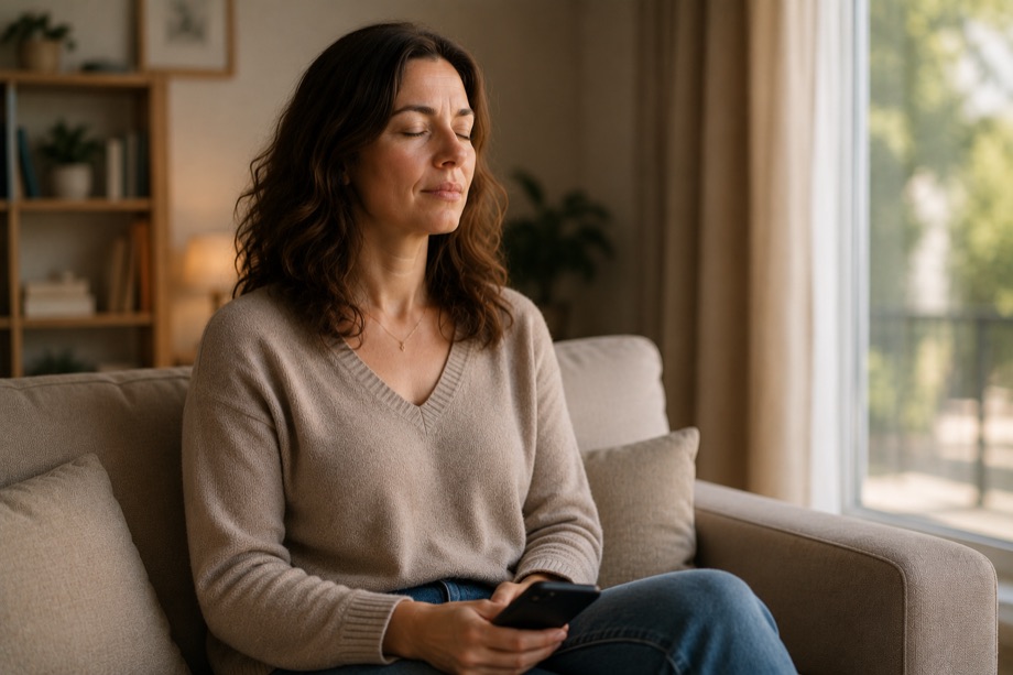 La même femme assise, le téléphone posé, reprenant son souffle.