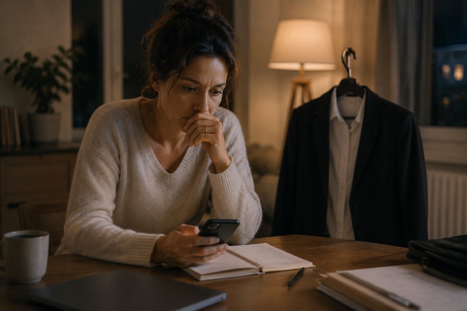 Femme le soir à sa table, un carnet ouvert et une tenue prête pour le lendemain, nerveuse avant un entretien.