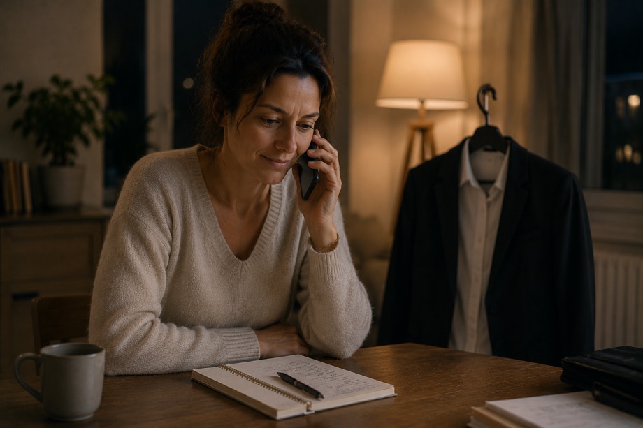 La même femme au téléphone, le visage apaisé pendant la conversation.