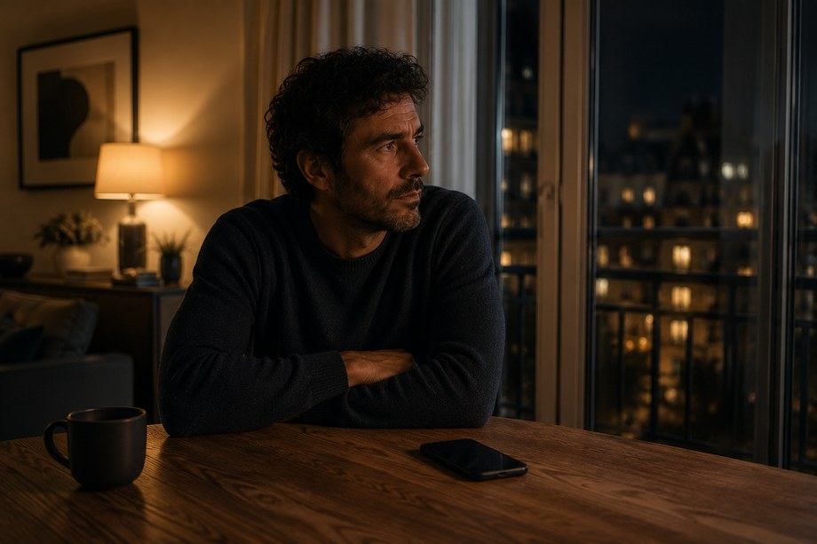 Personne assise près d'une fenêtre le soir, un téléphone posé écran vers le bas sur la table.