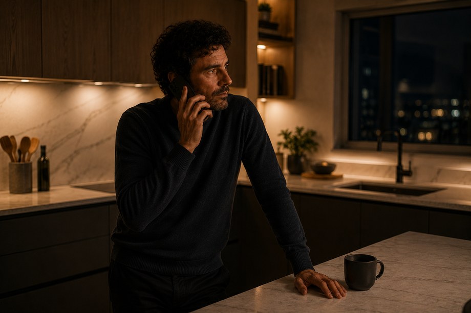 Une personne au téléphone, debout dans une cuisine, la lumière allumée tard.